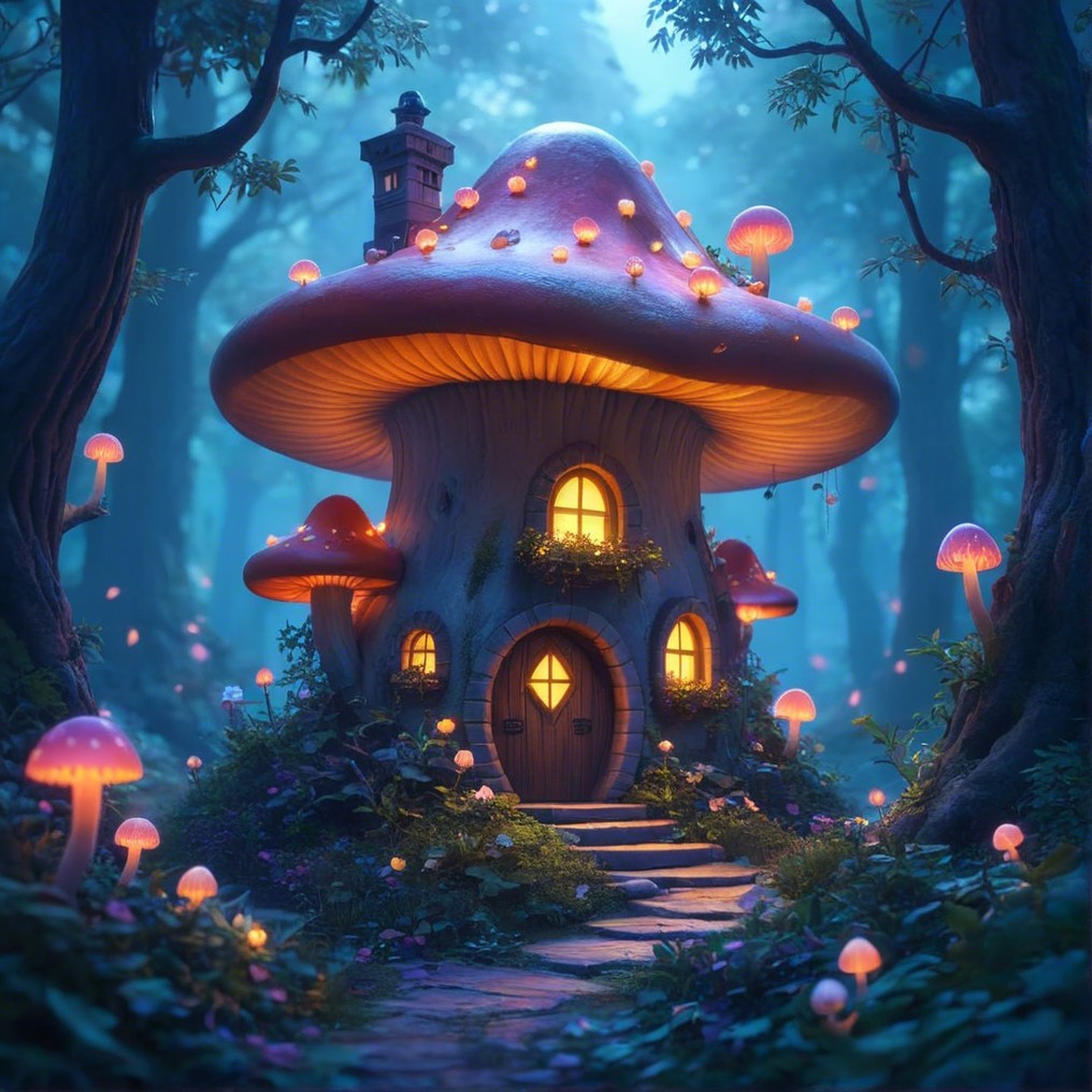 Whimsical Mushroom House in an Enchanted Forest