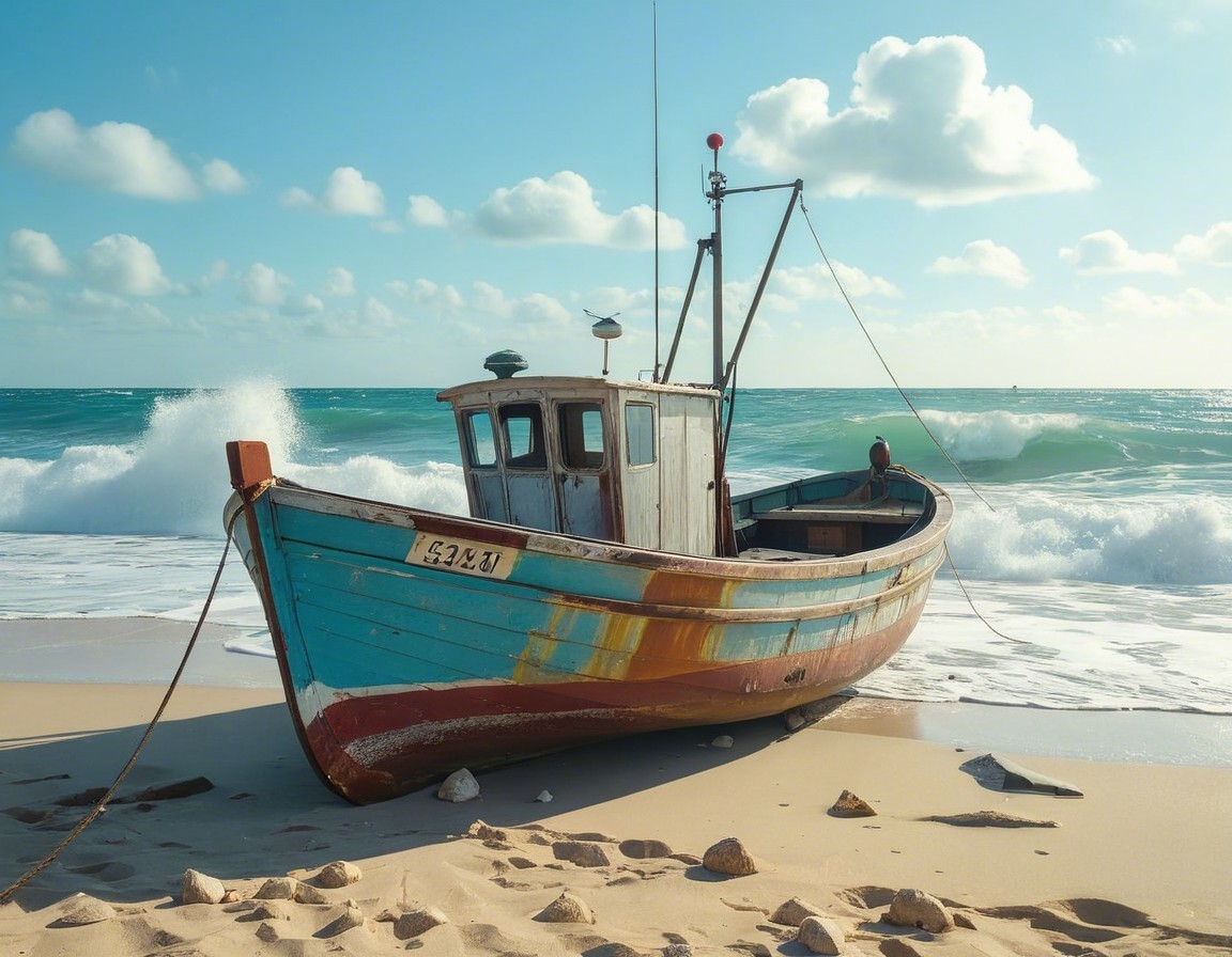 Weathered Fishing Boat on Sandy Beach with Waves