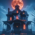 Victorian House Under Full Moon with Halloween Decor