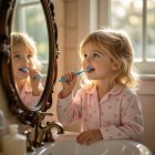 Young girl brushing teeth in sunny bathroom setting