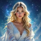 Young woman with blonde hair in a starry background