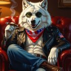 Anthropomorphic dog in stylish outfit in armchair