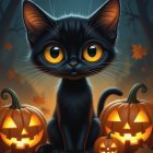 Whimsical Black Cat Among Glowing Halloween Pumpkins