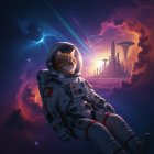 Cat in Spacesuit Against Cosmic Backdrop and Cityscape