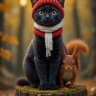 Black Cat and Squirrel in Autumn Forest Setting