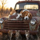 Beagle on Old Truck with Kittens at Sunset