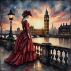 Woman in Red Dress by Riverbank at Sunset