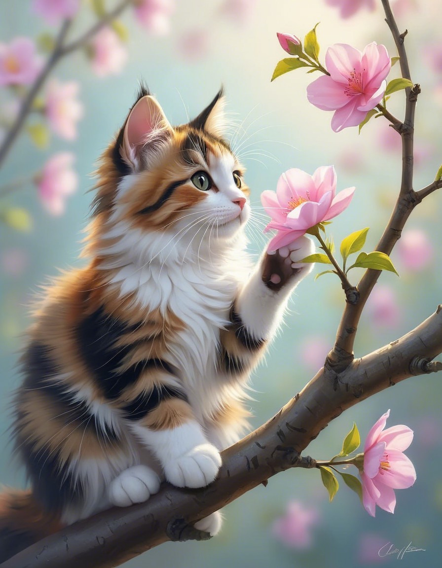 Calico Cat Reaching for Pink Magnolia Flower