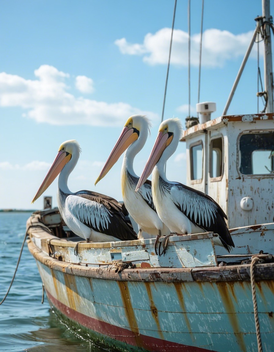 Pelicans on a Weathered Fishing Boat Under Blue Sky