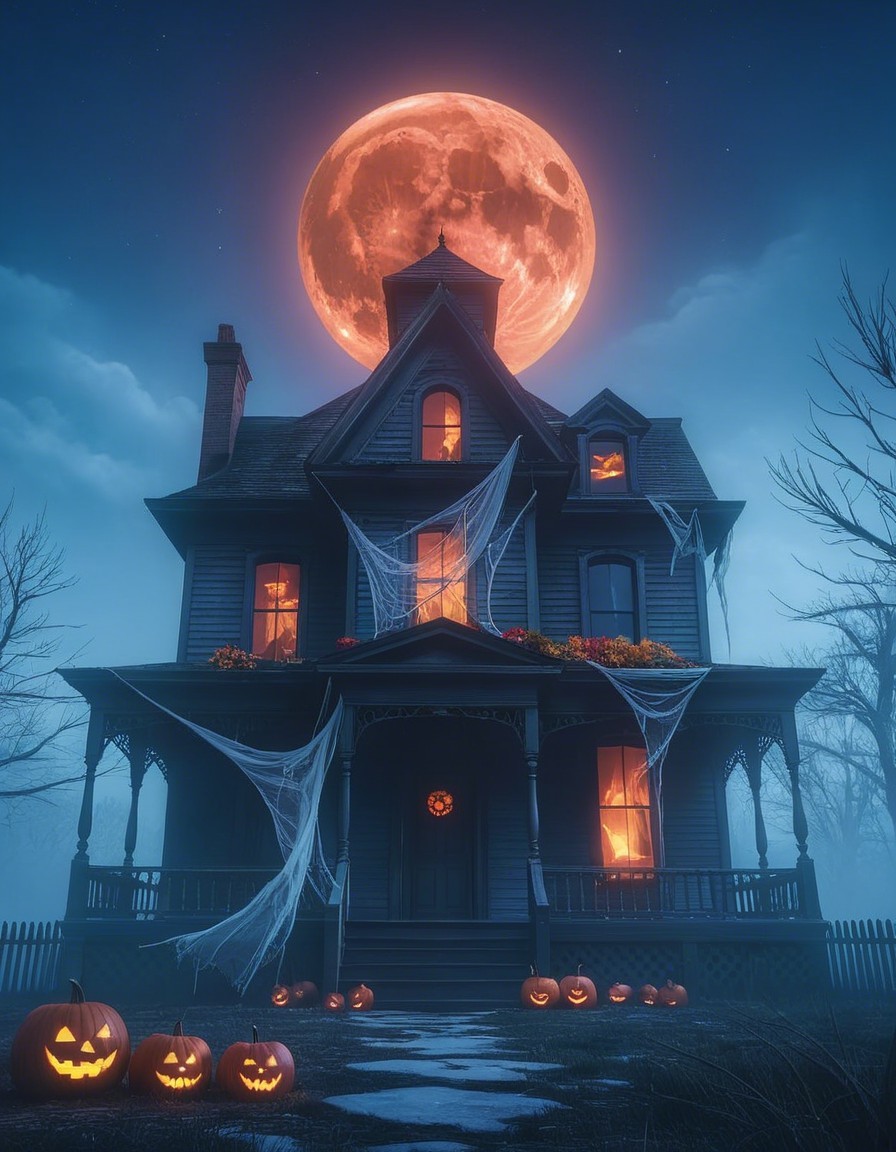 Victorian House Under Full Moon with Halloween Decor