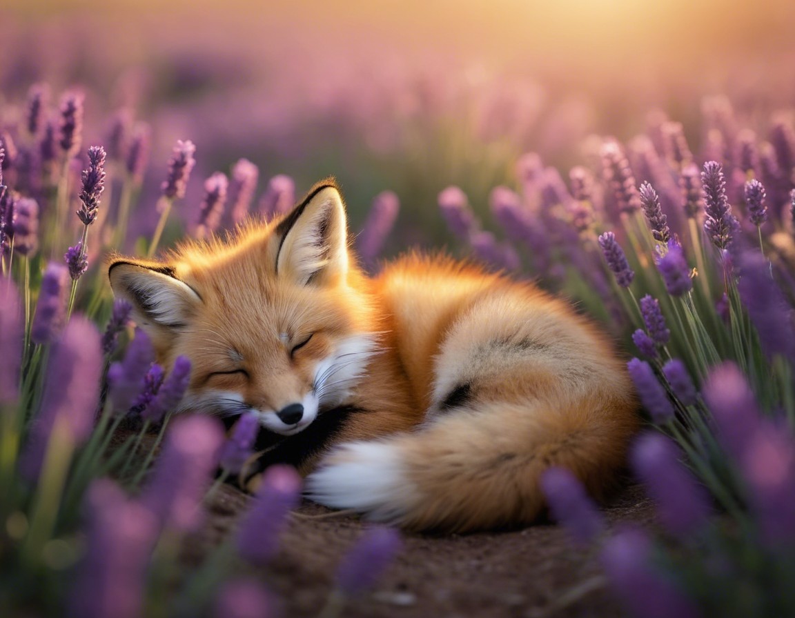 Fluffy Orange Fox Sleeping in Lavender Flowers