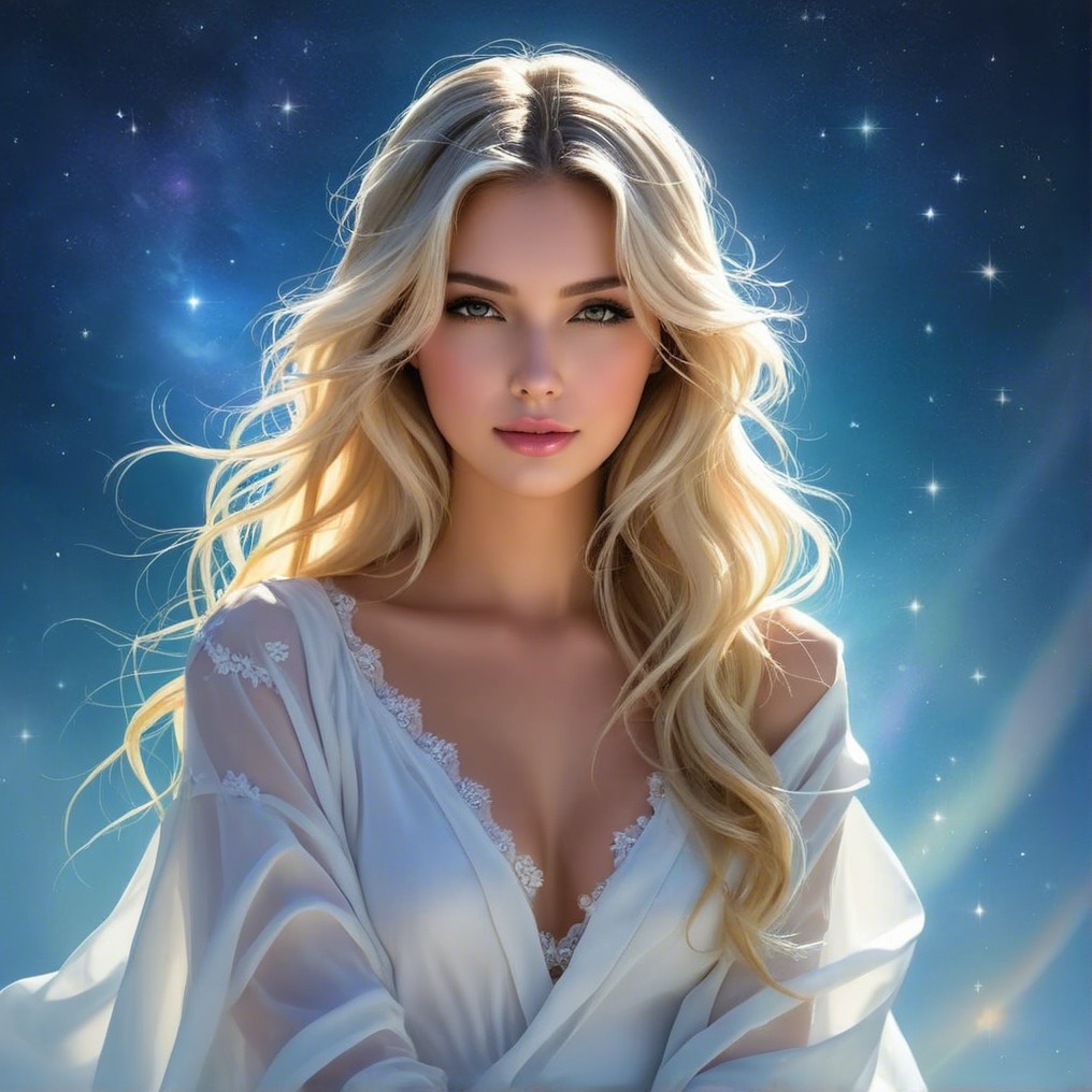 Young woman with blonde hair in a starry background