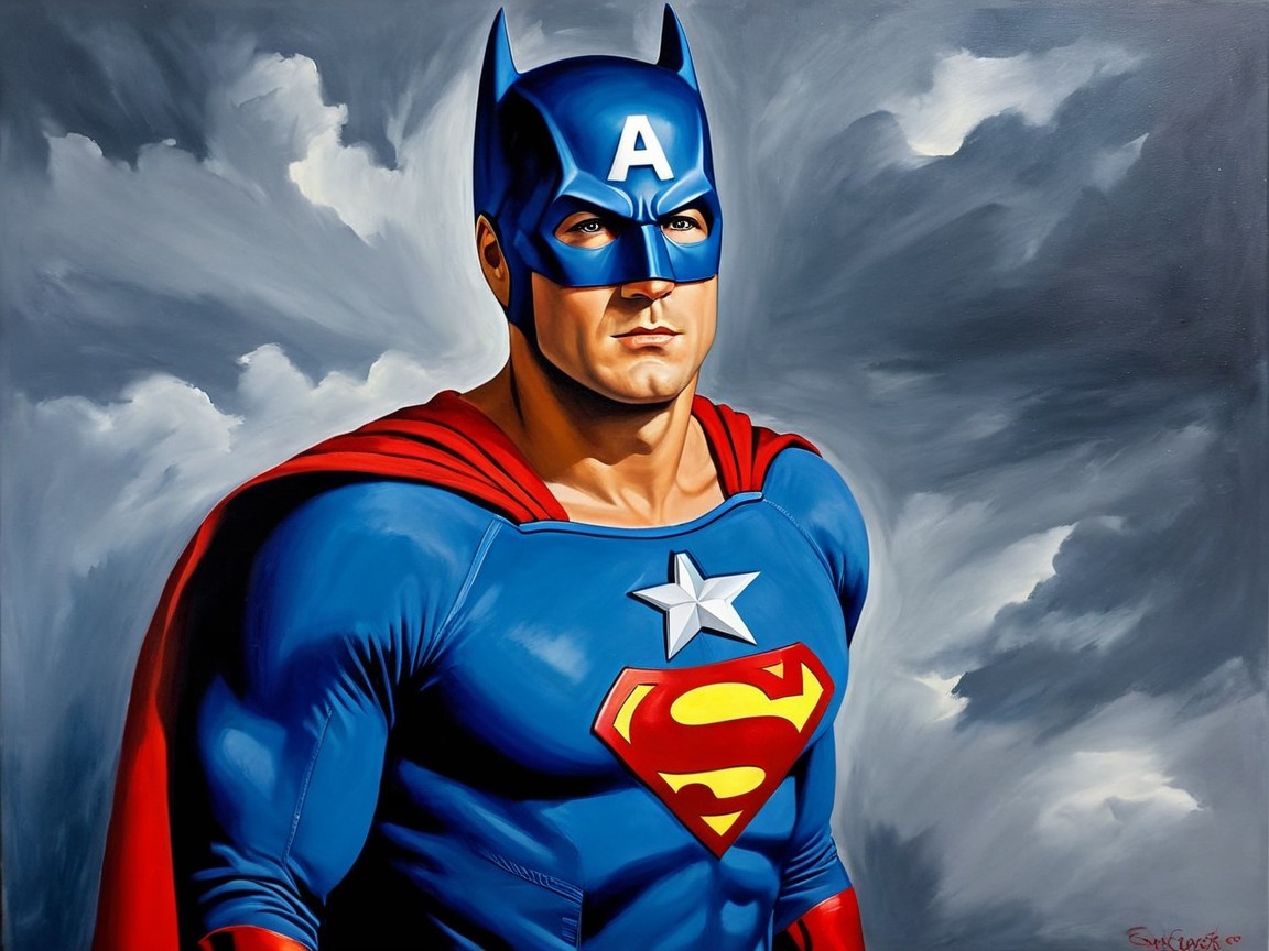 Muscular Superhero in Blue Suit with Red Cape