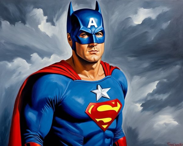 Muscular Superhero in Blue Suit with Red Cape
