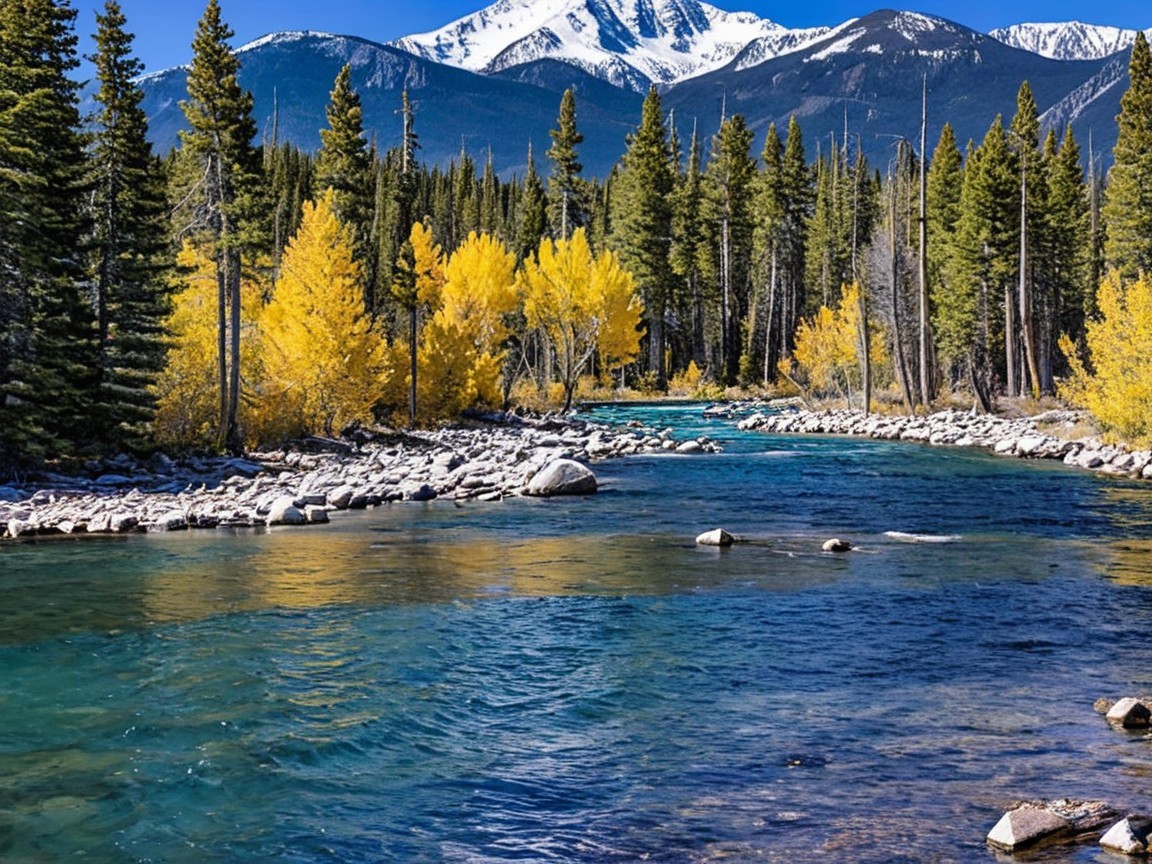 Serene River Surrounded by Lush Landscape and Mountains