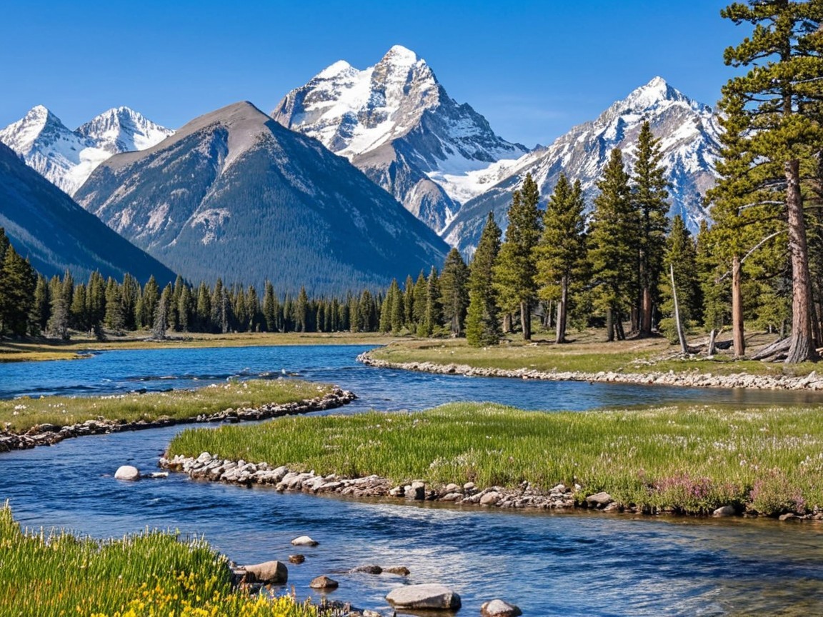 Serene Landscape with River, Mountains, and Wildflowers