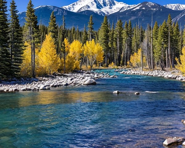 Serene River Surrounded by Lush Landscape and Mountains