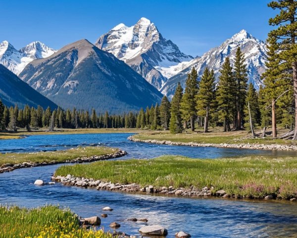 Serene Landscape with River, Mountains, and Wildflowers