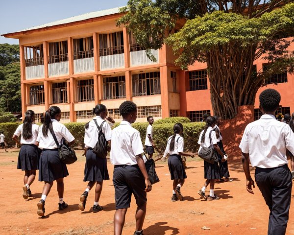 Students in White Shirts Walk in Sunlit Schoolyard
