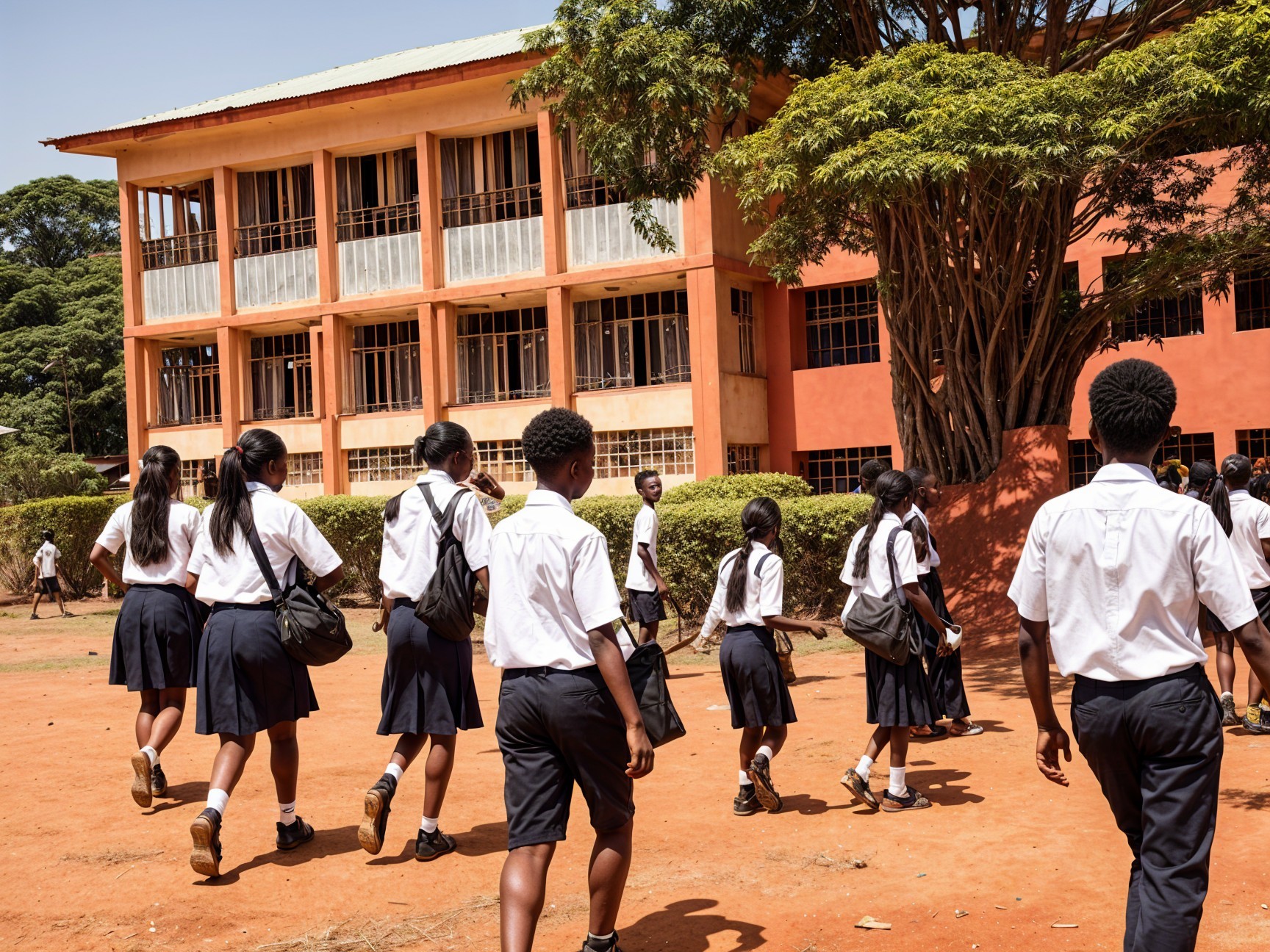 Students in White Shirts Walk in Sunlit Schoolyard