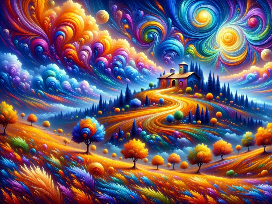 Vibrant Landscape with Serene Hilltop and Colorful Trees