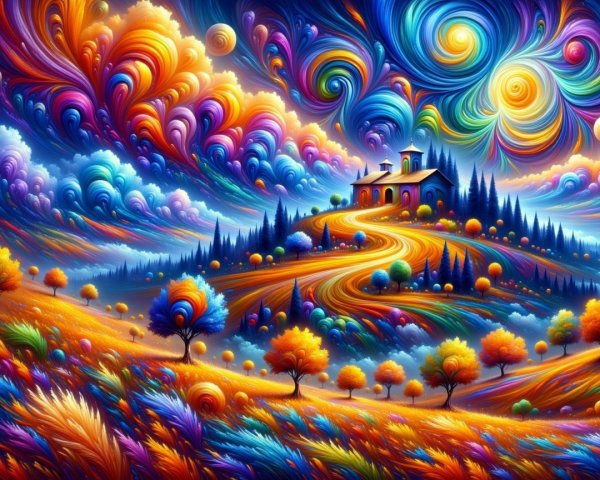 Vibrant Landscape with Serene Hilltop and Colorful Trees