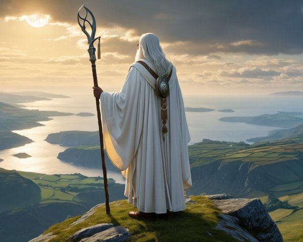 Majestic Figure on Cliff Overlooking Scenic Landscape