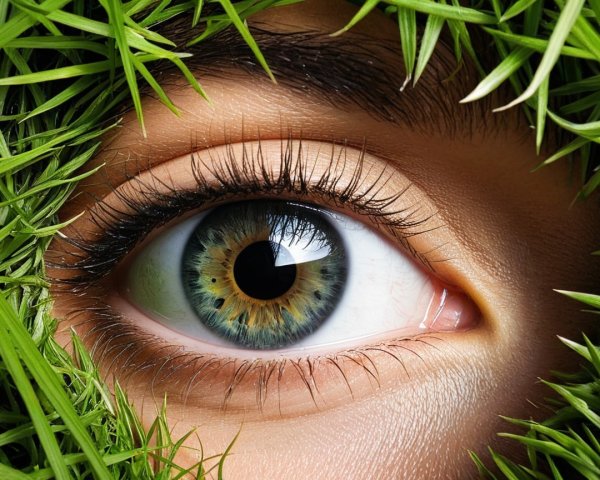 Close-Up of a Human Eye Surrounded by Green Grass