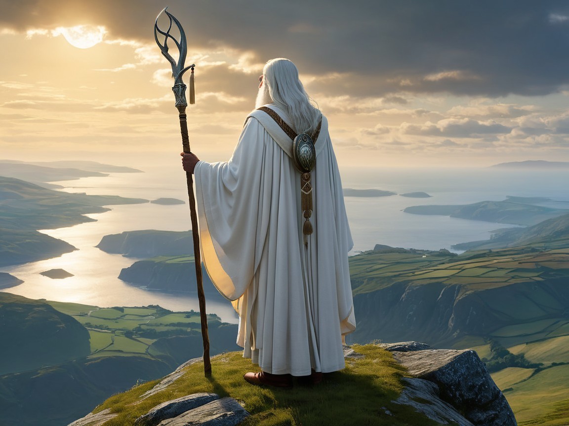 Majestic Figure on Cliff Overlooking Scenic Landscape