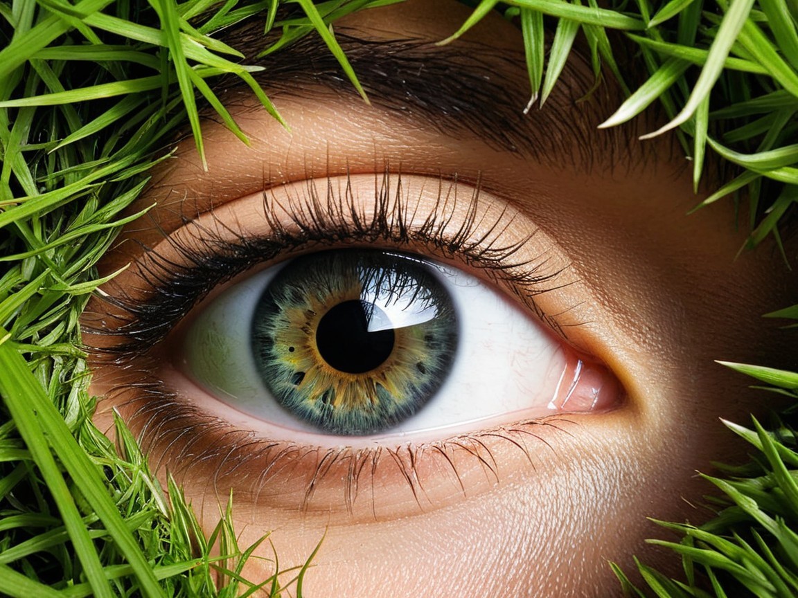 Close-Up of a Human Eye Surrounded by Green Grass