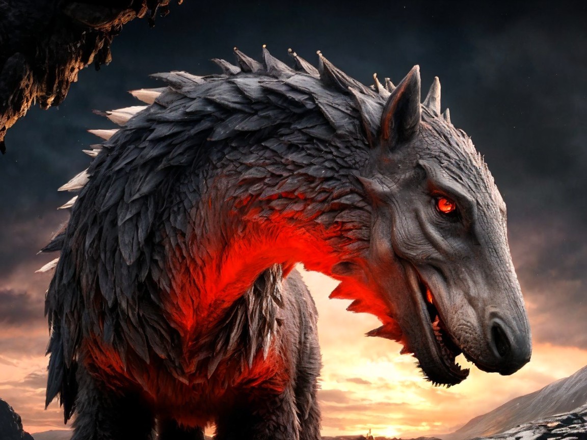 Mythical creature with rocky body and fiery accents