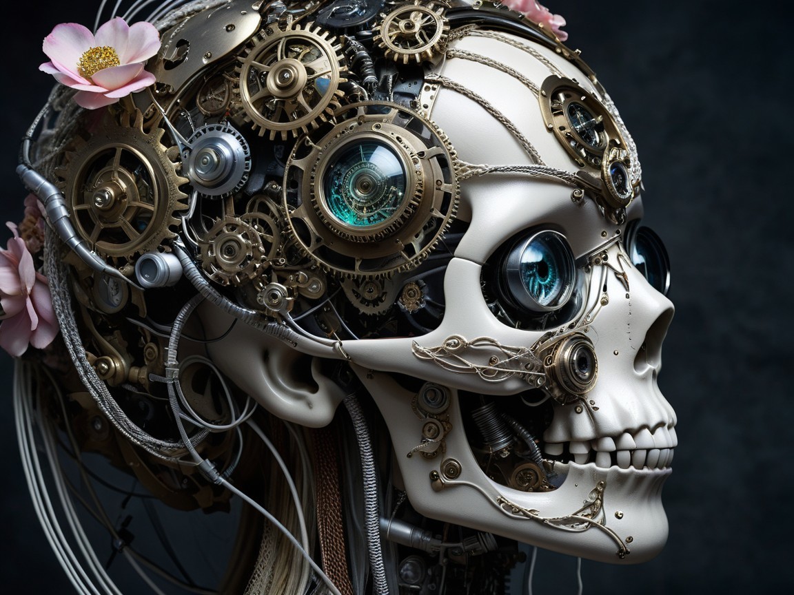 Futuristic skull with mechanical gears and floral design