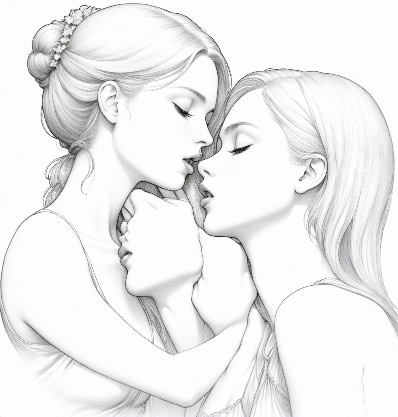 Black and white drawing of two women almost kissing