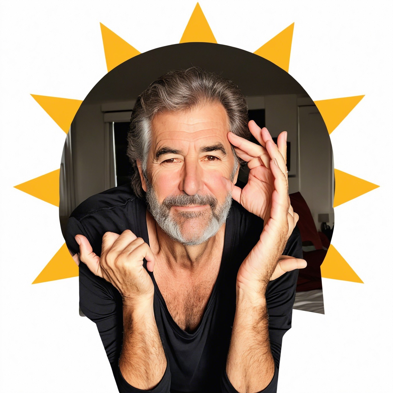 Man with Graying Hair in Black Shirt Against Sunrays