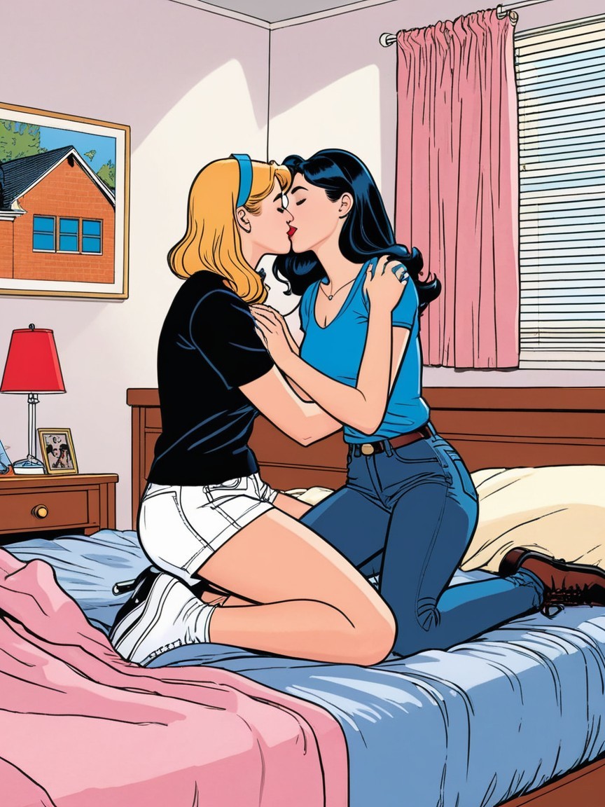 Animated Characters Sharing a Tender Kiss in Bedroom