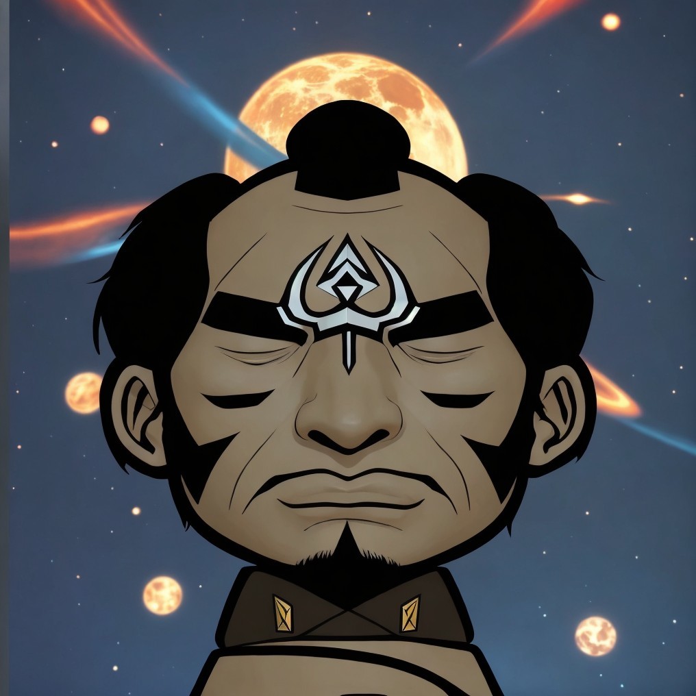 Cartoon Character with Tribal Markings in Cosmic Scene