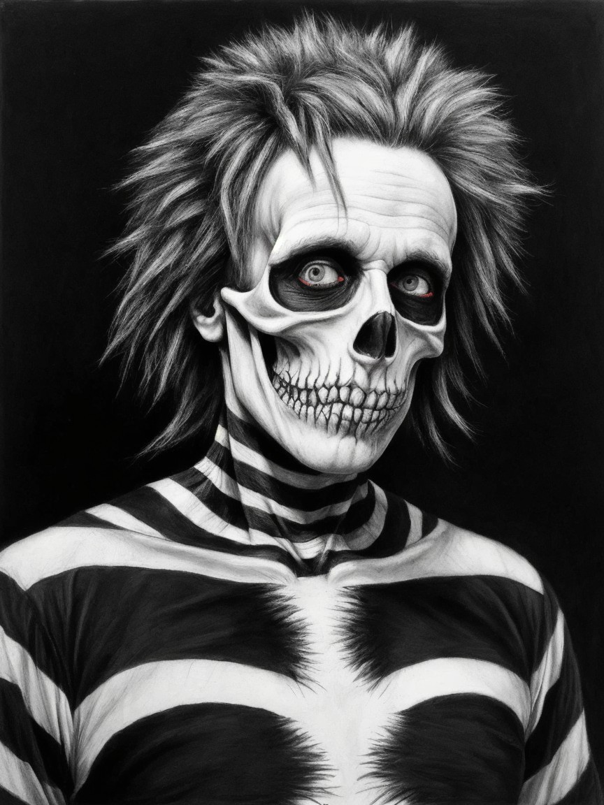 Skeleton-Inspired Figure with Glowing Red Eyes