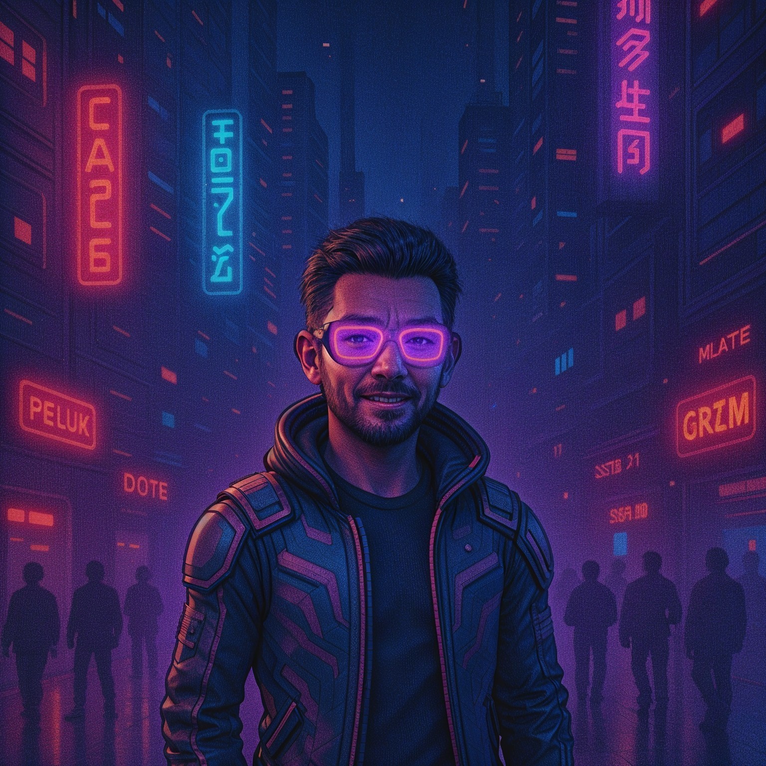 Young man in vibrant cyberpunk cityscape with neon signs
