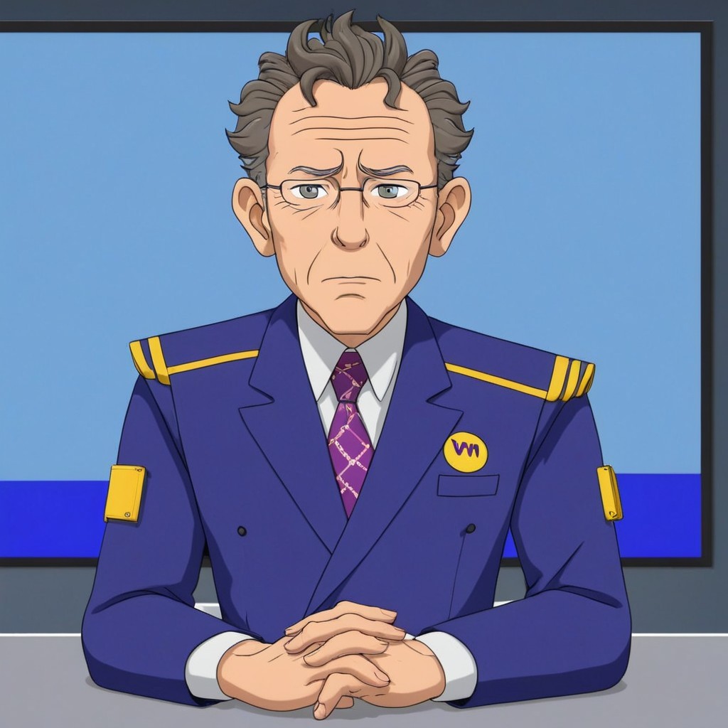 Animated Character in Blue Uniform at Desk