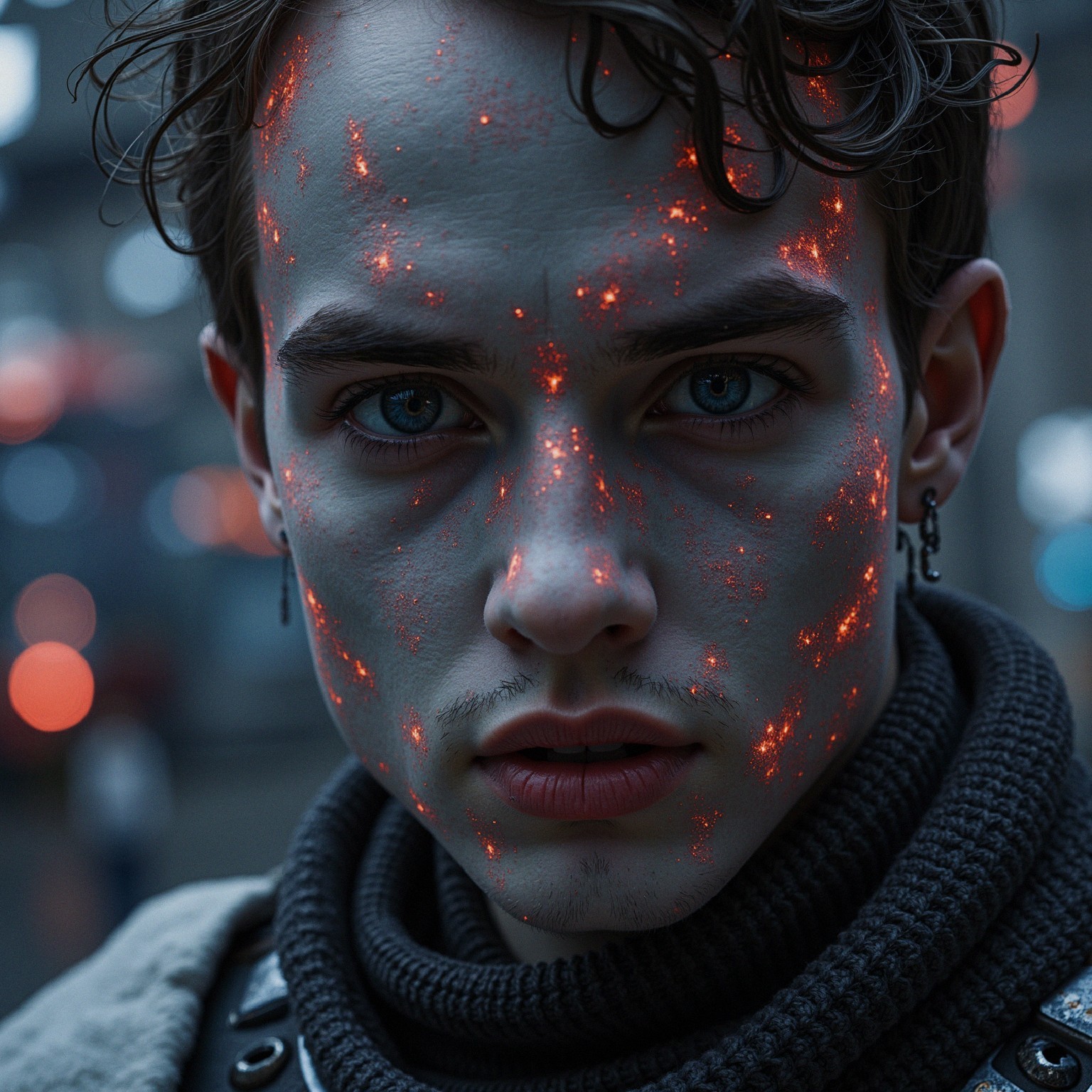 Portrait of a Young Man with Glowing Red Patterns