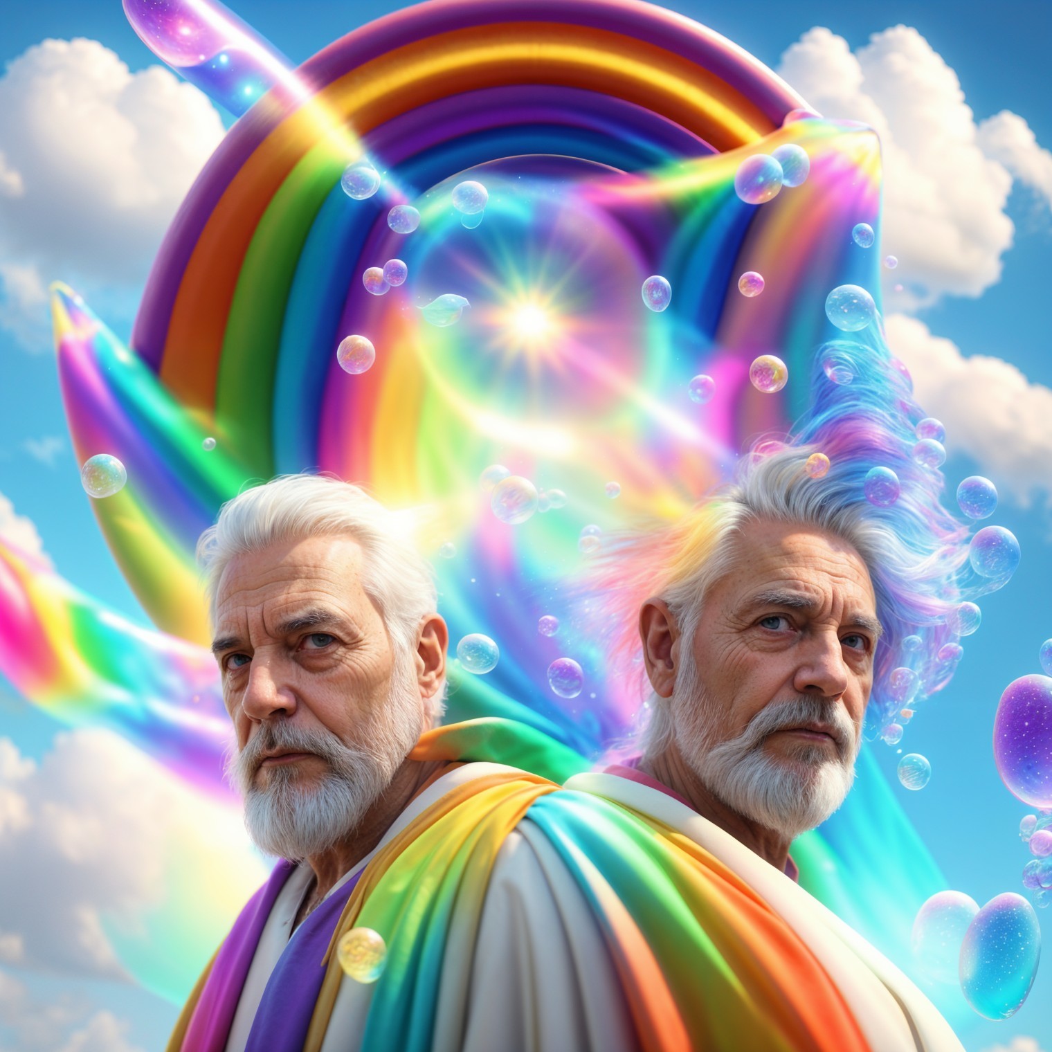 Elderly Men in Colorful Robes in Surreal Landscape