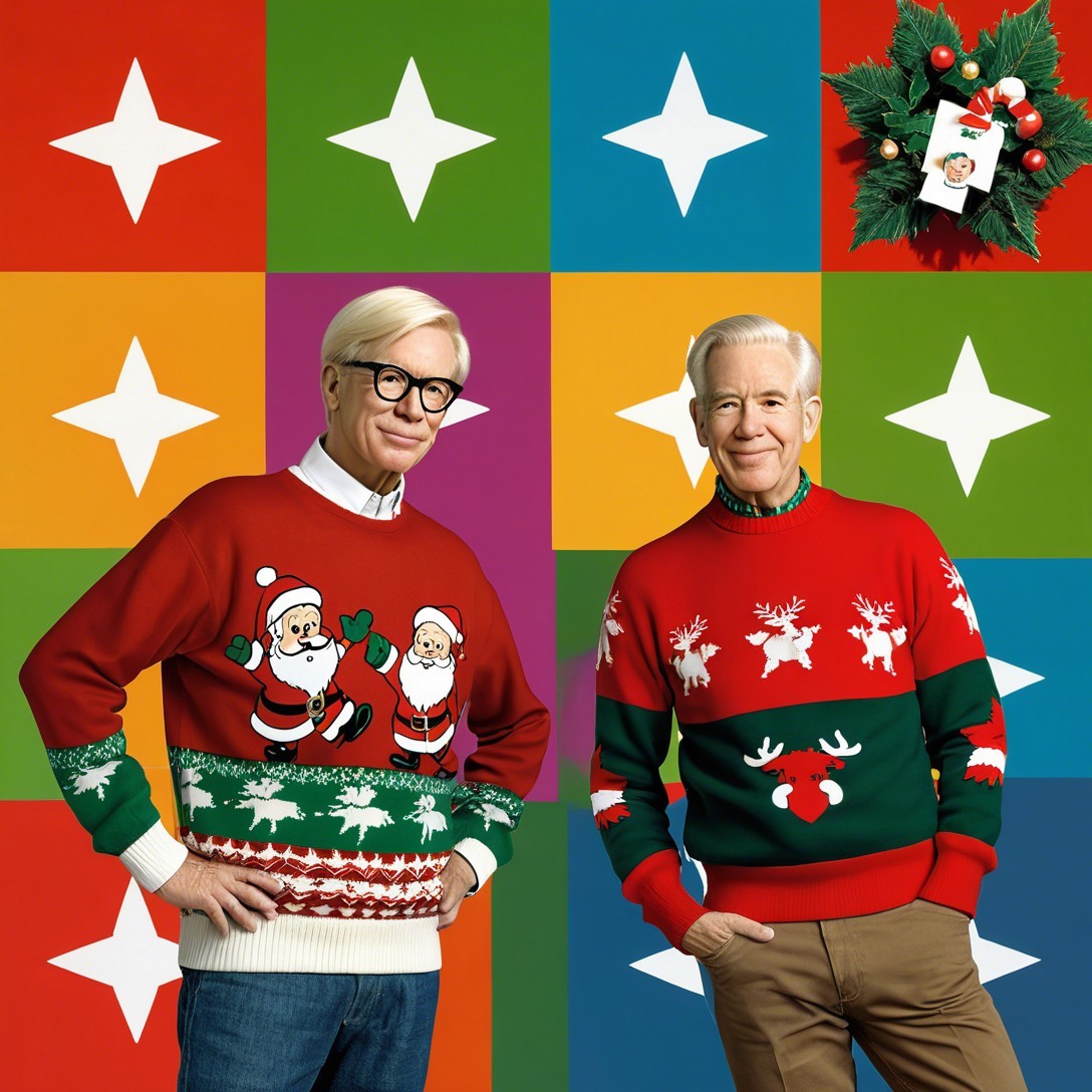 Older Men in Christmas Sweaters Against Colorful Background
