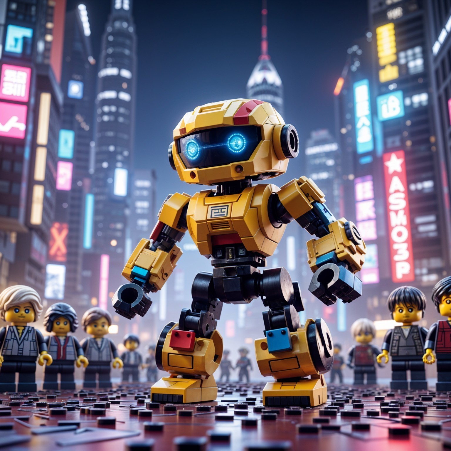 LEGO Robot in Vibrant Cyberpunk City Setting