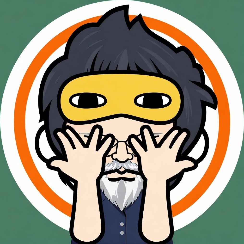 Cartoon Character with Yellow Mask and Playful Background