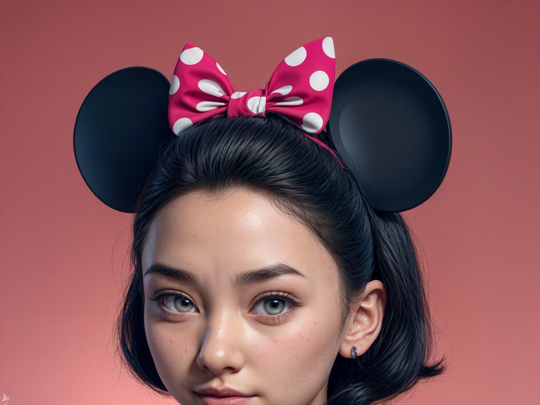 Young woman with Mickey Mouse ears and pink bow