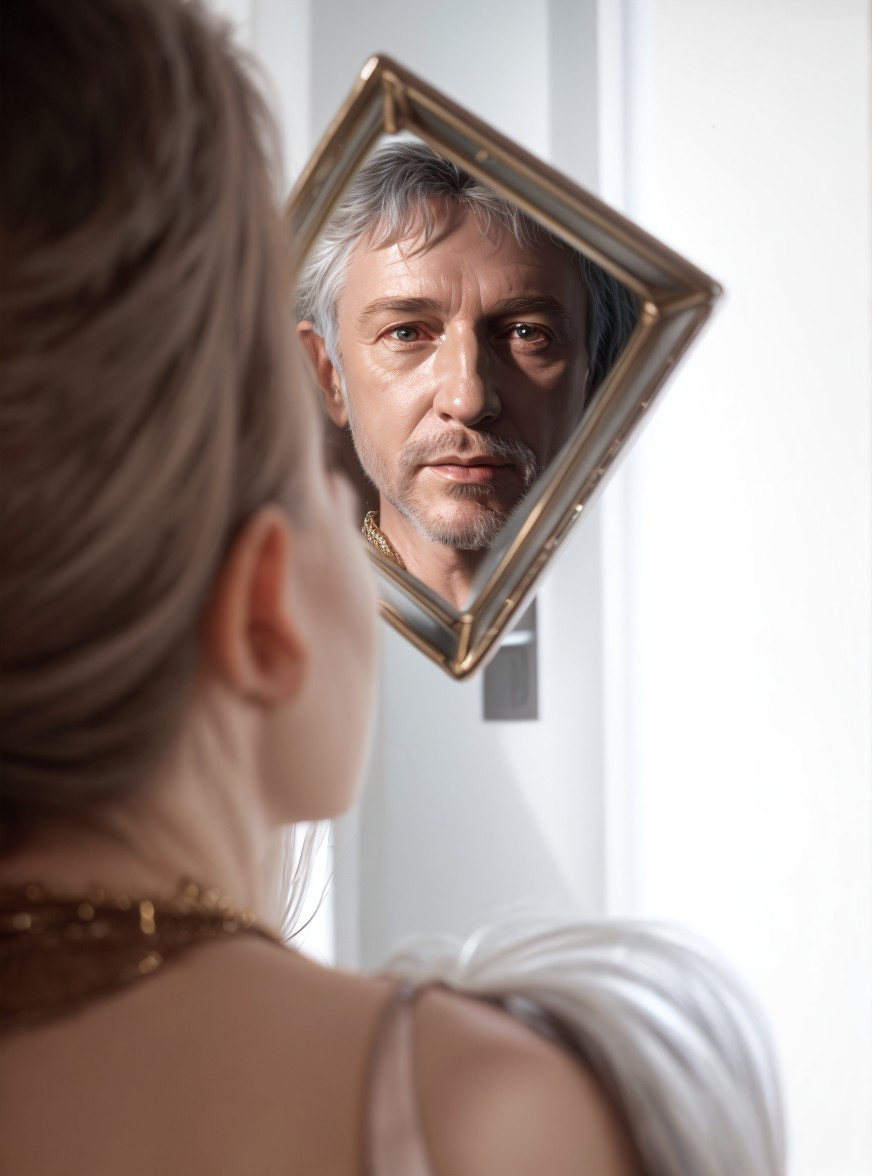 Woman and man reflected in diamond-shaped mirror