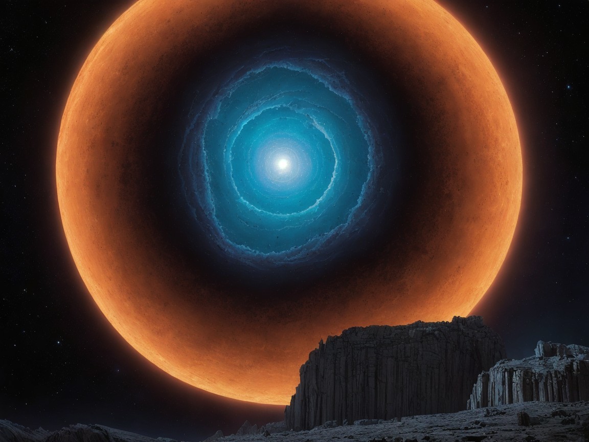 Surreal Landscape with Orange Moon and Blue Rings