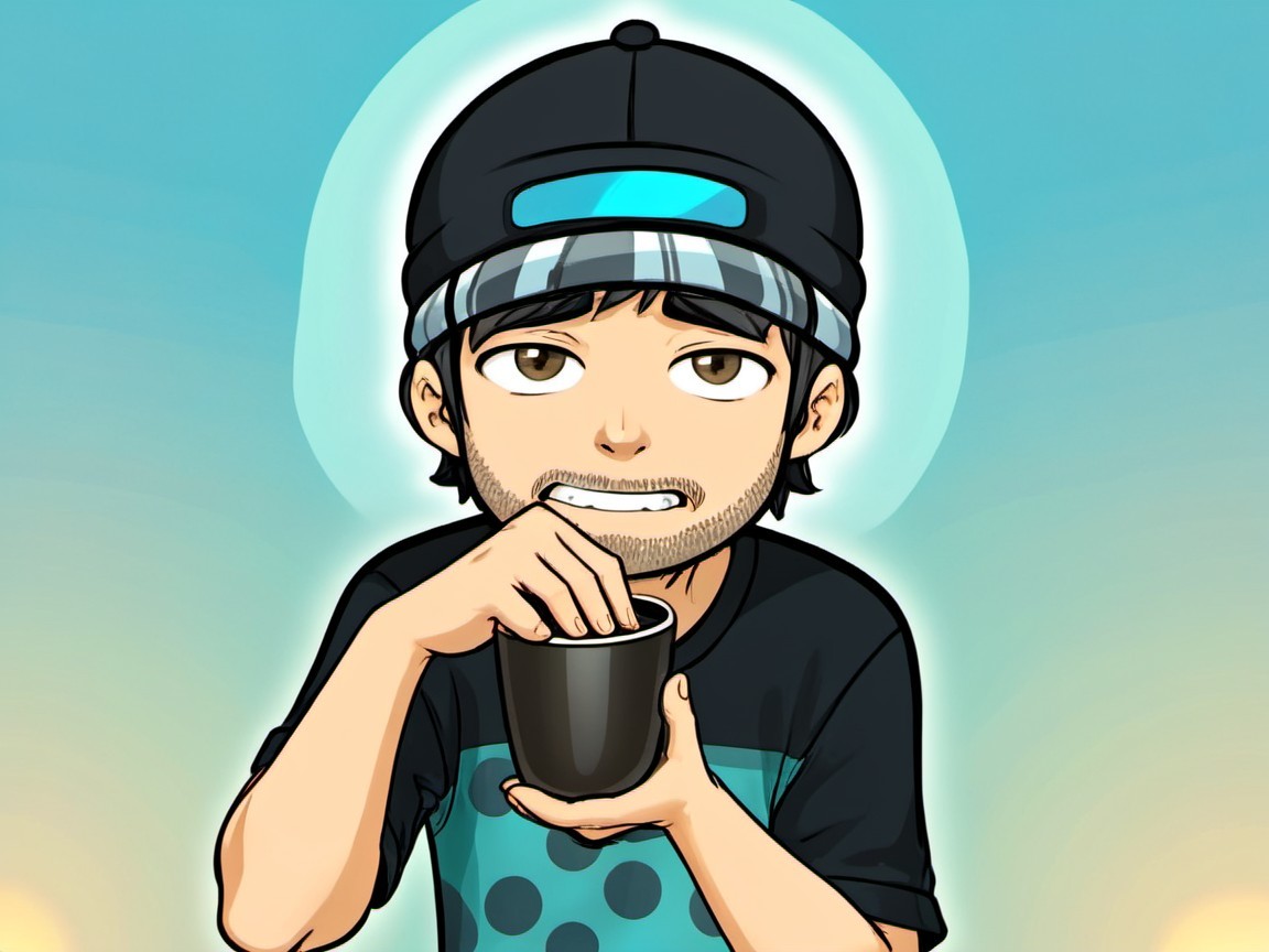 Young Male Character in Playful Attire with Drink