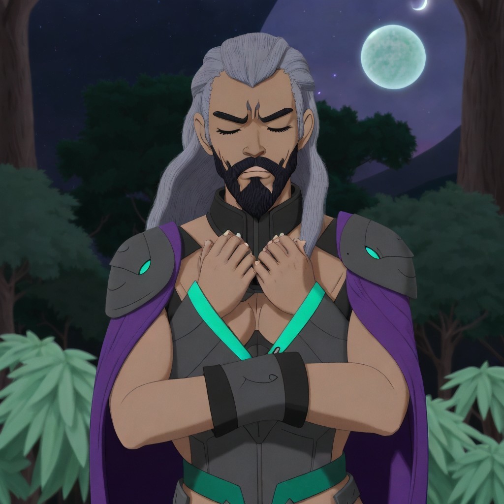 Muscular Character in Serene Nighttime Setting