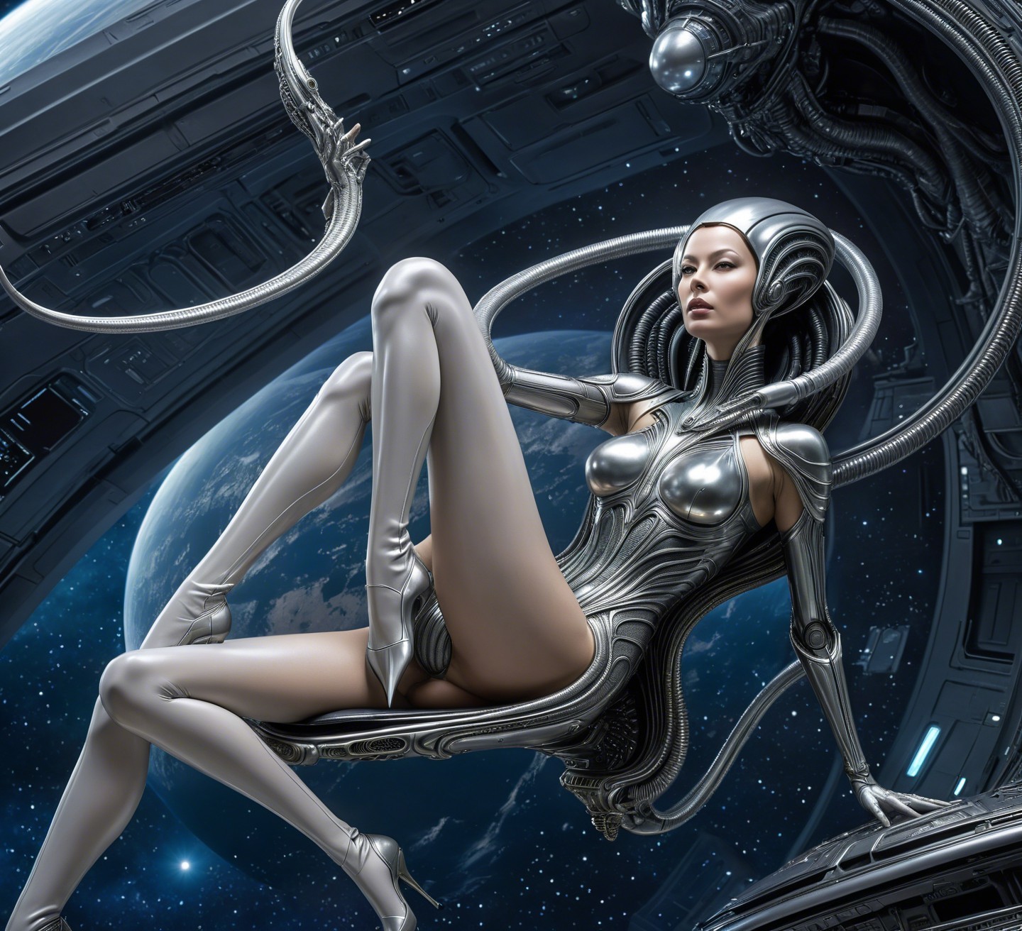 Female Cyborg in Silver Armor on Futuristic Structure